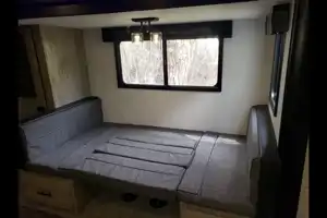 Custom stabilizers for “no rocking” while leveled Bunkhouse Trailer fully furnished and delivered