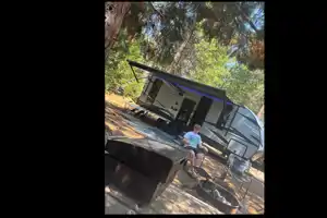Custom stabilizers for “no rocking” while leveled Bunkhouse Trailer fully furnished and delivered