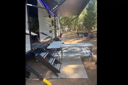 Custom stabilizers for “no rocking” while leveled Bunkhouse Trailer fully furnished and delivered