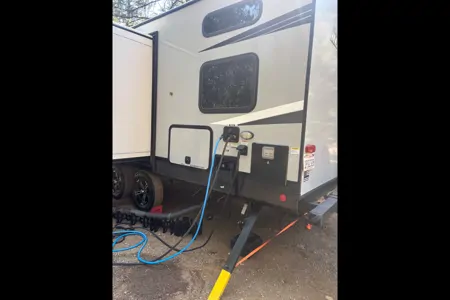 Custom stabilizers for “no rocking” while leveled Bunkhouse Trailer fully furnished and delivered