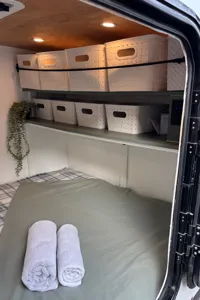 Spacious Square-Drop trailer with a small kitchen